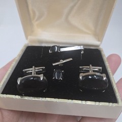 Vintage Black Glass Silver Tone Cufflinks Tie Bar Tie Tack Set In Box Mens Gift