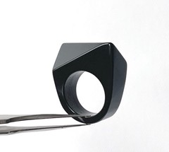 Vintage Lucite Ring 5.75 Black Asymmetrical Rectangle Modern Chunky Statement
