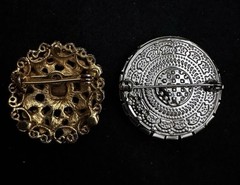 Set Of 2 MCM Circle Starburst Brooches Opal, Faux Pearls, Rhinestones