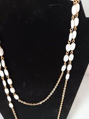 Vintage White Gladd Bead Long Opera Necklace Gold Tone Chain Link 24 in