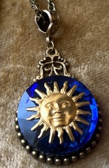Man in the Sun Necklace Huge Blue Rhinestone Sun Face Sunshine Celestial Pendant