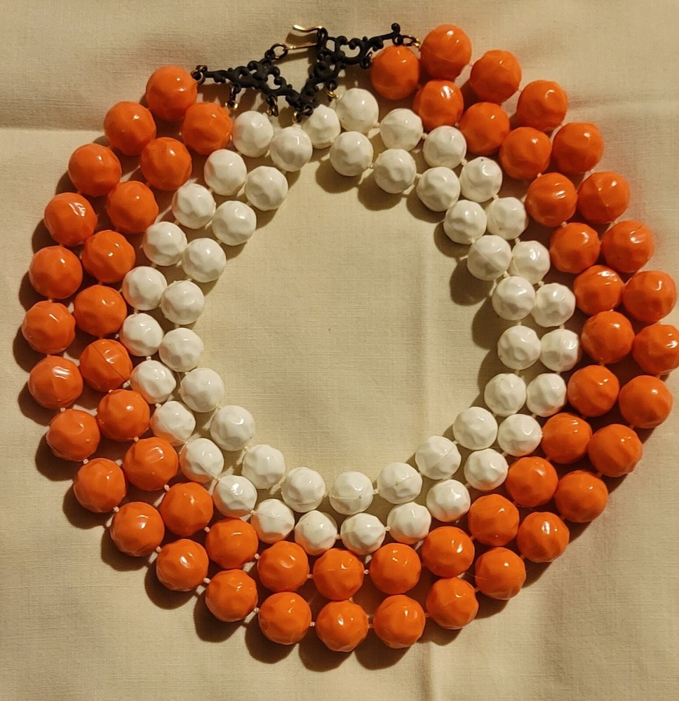 Vintage 1960s 1970s Orange White (4) Strand Bead Necklace Mid Century 7 in