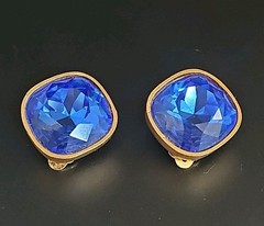 Vintage Mary Frost Crystal Royal Blue Gold Clip Earrings Statement Runway