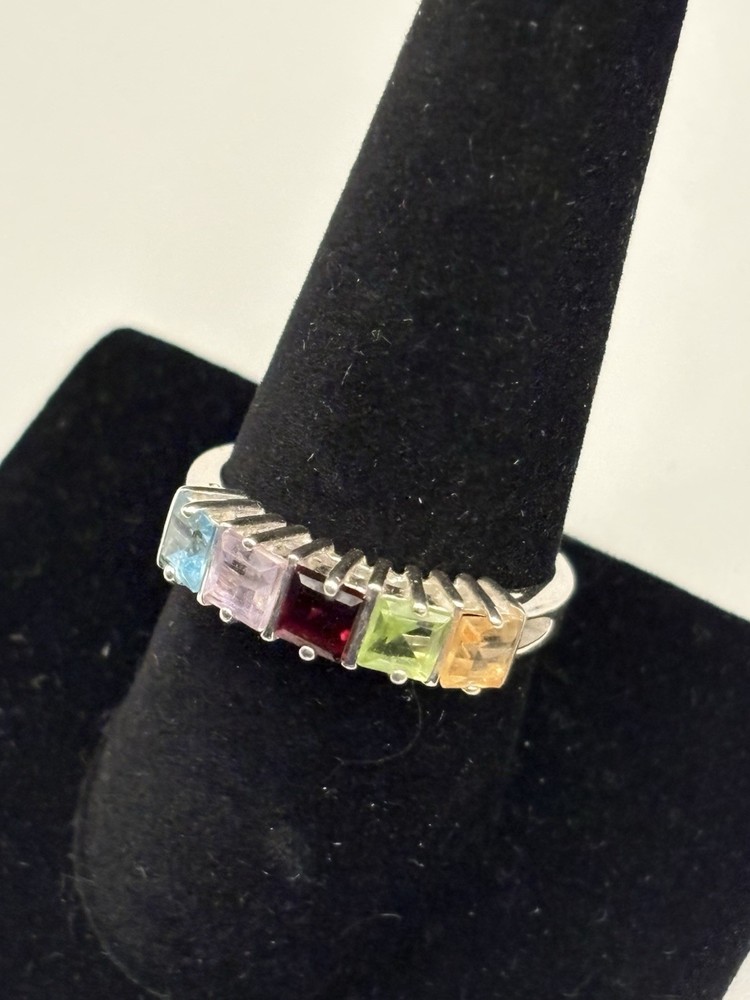 925 Sterling Silver Size 9 Ring Citrine, Emerald, Garnet, Amethyst, Topaz 3.4g