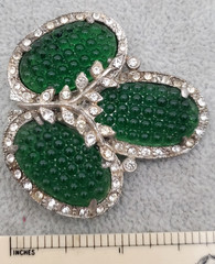 Vintage Antique Art Deco Green Waffle Glass Pot Metal Rhinestone Brooch HTF