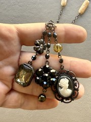 Vintage David Aubrey Necklace Cameo Crystal Rhinestone 30” Long + 2 1/4” Drop