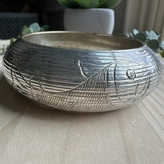 VTG Bangle Bracelet Size 8 Engraved Carp Fish Silver Tone Metal Incised Asian