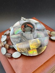 Vintage Mother Of Pearl & Abalone Coin Necklace With Large Shell Pendant