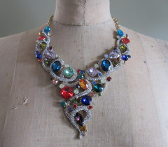 Colorful Rhinestone Gold Tone Large Bib Statement Necklace