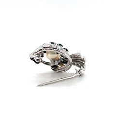 Mid Century Pearl Sapphire Diamond 14k White Gold Brooch 1950s