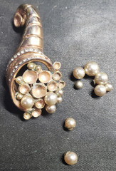 Gold toned Metal Imitation Pearl Rhinestone Cornucopia Brooch Pin NEEDS REPAIR