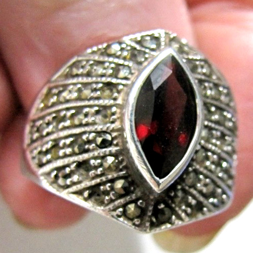 Sterling Silver Garnet Marcasite Ring Red Marquise Stone Missing Marcasites CW
