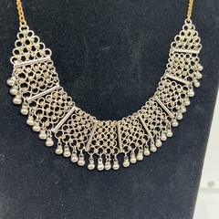 Vintage Ethnic Tribal Silver Tone Filigree Bib Collar Necklace Boho Dangle Bell