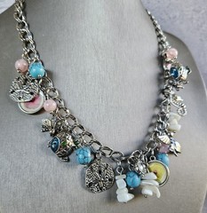 Vintage Silver Tone Charm Necklace Faux Turquoise Beaded Chain Bird Flower Beach