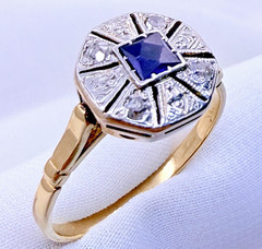 Vintage 18ct Yellow Gold Sapphire Diamond Ring Art Deco Octagonal Size 8