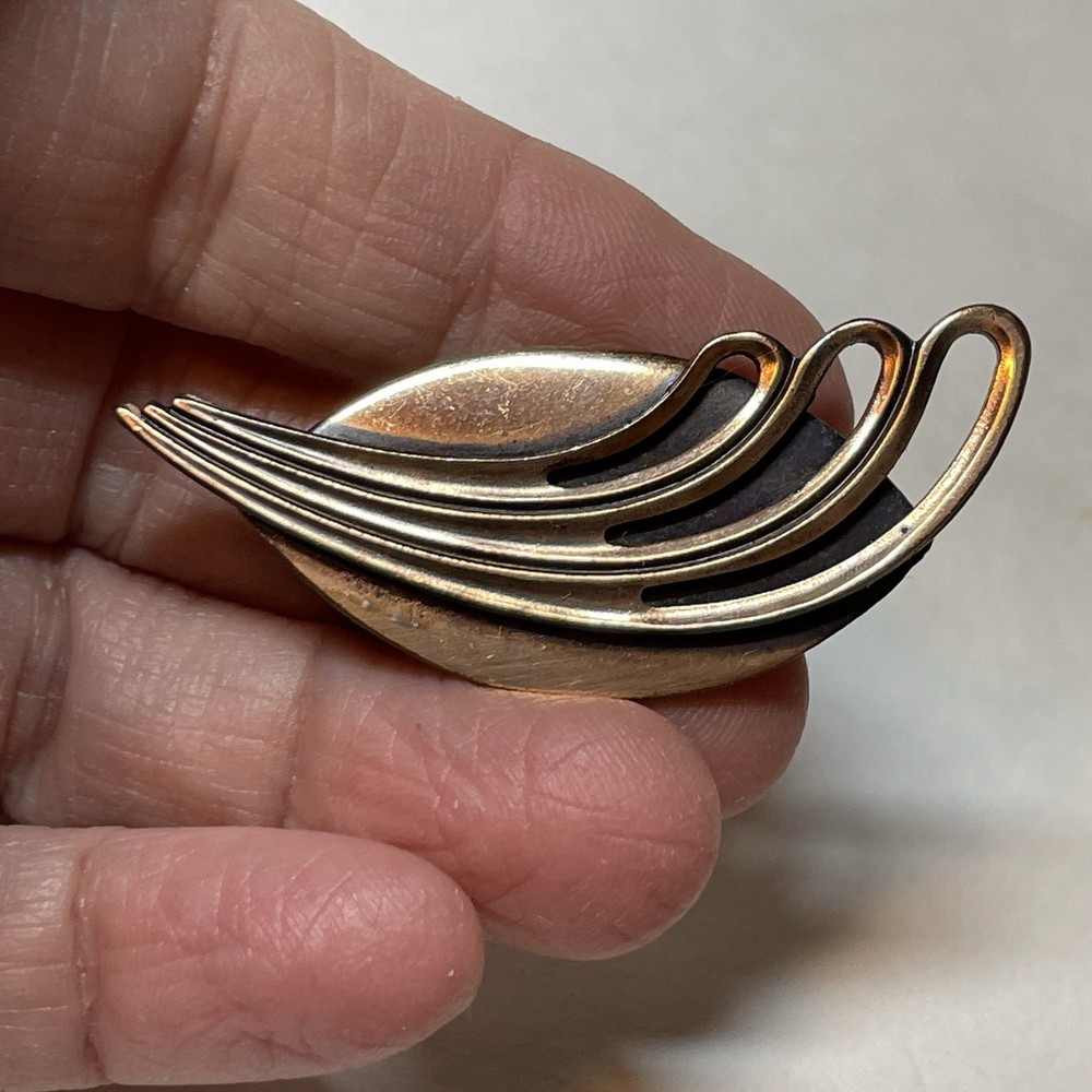 Copper And Mixed Metals Brooch Vintage Mid Century Modern Leaf Wing Abstract