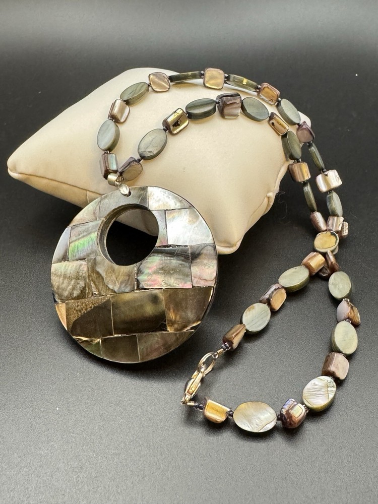 Vintage Mother Of Pearl & Abalone Coin Necklace With Large Shell Pendant