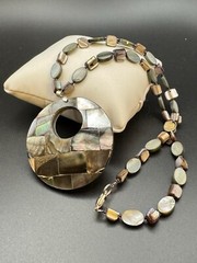 Vintage Mother Of Pearl & Abalone Coin Necklace With Large Shell Pendant