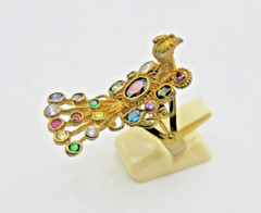 Multi color stones Peacock Gold Ring Vintage Brass Free Size Amulet charm Rare