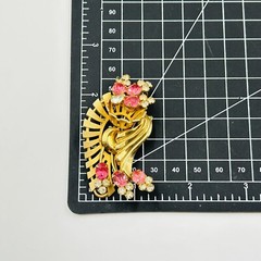 Vintage Fan Wave Rhinestone Brooch Red and Clear Prong Set Stones Gold Tone Pin