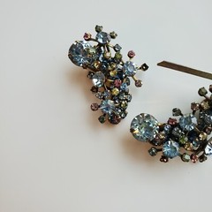 Multi Color Glass Rhinestone Clip Earrings Flower Ear Climber Crescent READ