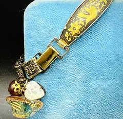Vintage Damascene, Faux Opal Charms & Book Chain Links Bracelet Integrated w New