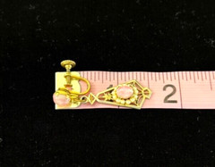 VTG Antique DECO PINK Cat’s Eye Glass Cabochon Filigree Drop Screw Back Earrings