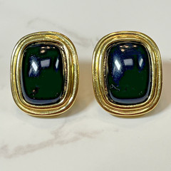 Vintage Trifari Signed Gold Tone & Black Onyx Designer Square Oval Earrings