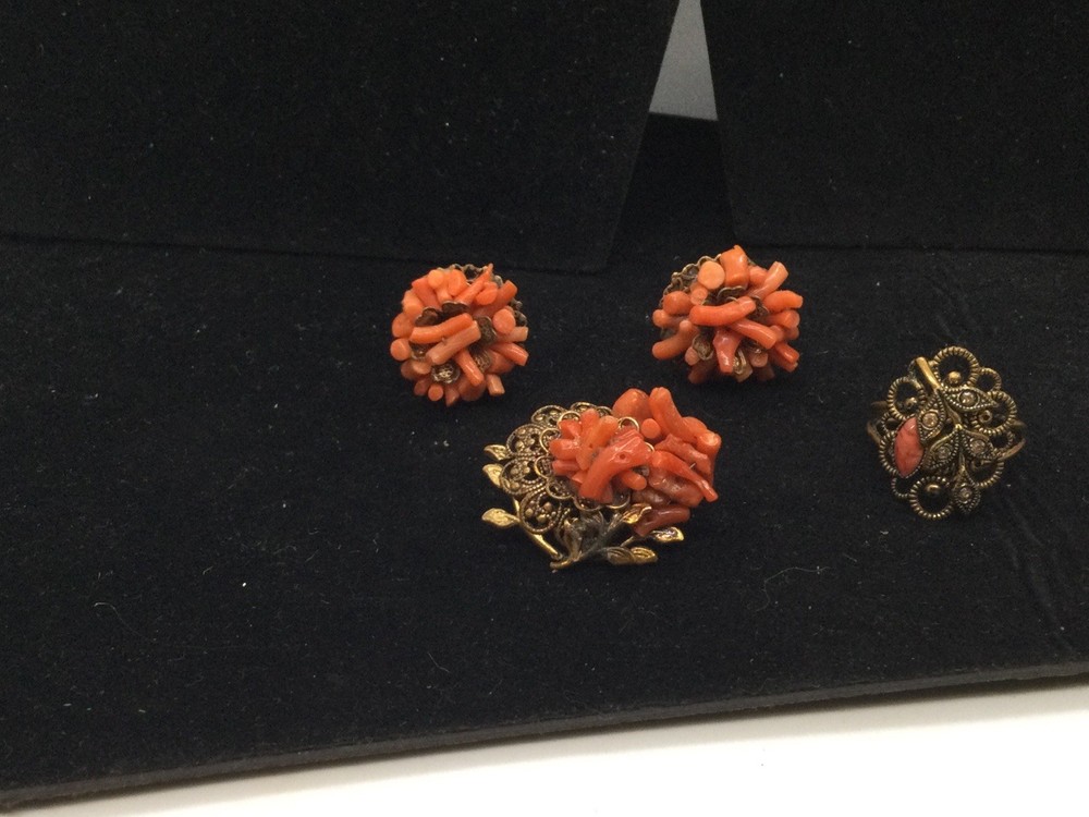 Dainty Coral Colored Pin, Clip Earrings And Ring