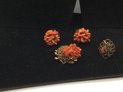 Dainty Coral Colored Pin, Clip Earrings And Ring