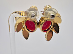 VTG Pierced Earrings Clusters of Red & Pink Rhinestones w/goldtoned leaf accents