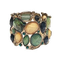 VTG Shades of Green & Yellow Shimmering Faux Opal Stretch Cuff Bracelet 6.5″