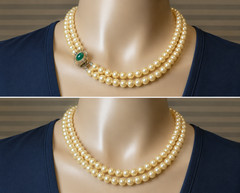 Vintage Japan Double Strand Glass Pearl Necklace Green Cabochon Clasp