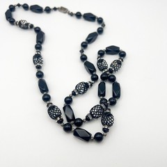 Vintage Black Glass Beaded 30″ Long Necklace Sterling Silver Box Clasp