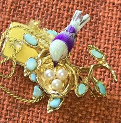 Vintage MINT Swoboda Bird On Nest Brooch W/Eggs Turquoise and Pearls Pin NOS Tag
