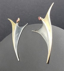 Sterling Silver 925 Abstract Drop Earrings Modern Sculptural Red Accent 6g