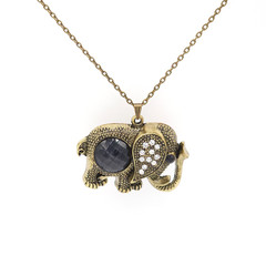 Antiqued Gold Tone Elephant Pendant Necklace Crystal Rhinestone 26in Boho