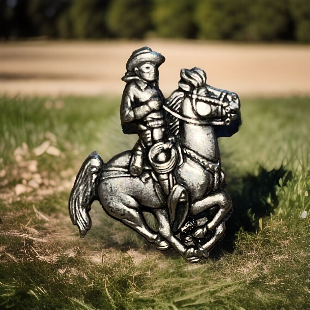 Vintage Brooch Pin Silver Tone Horse Rider Cowboy Brooch 1.25”