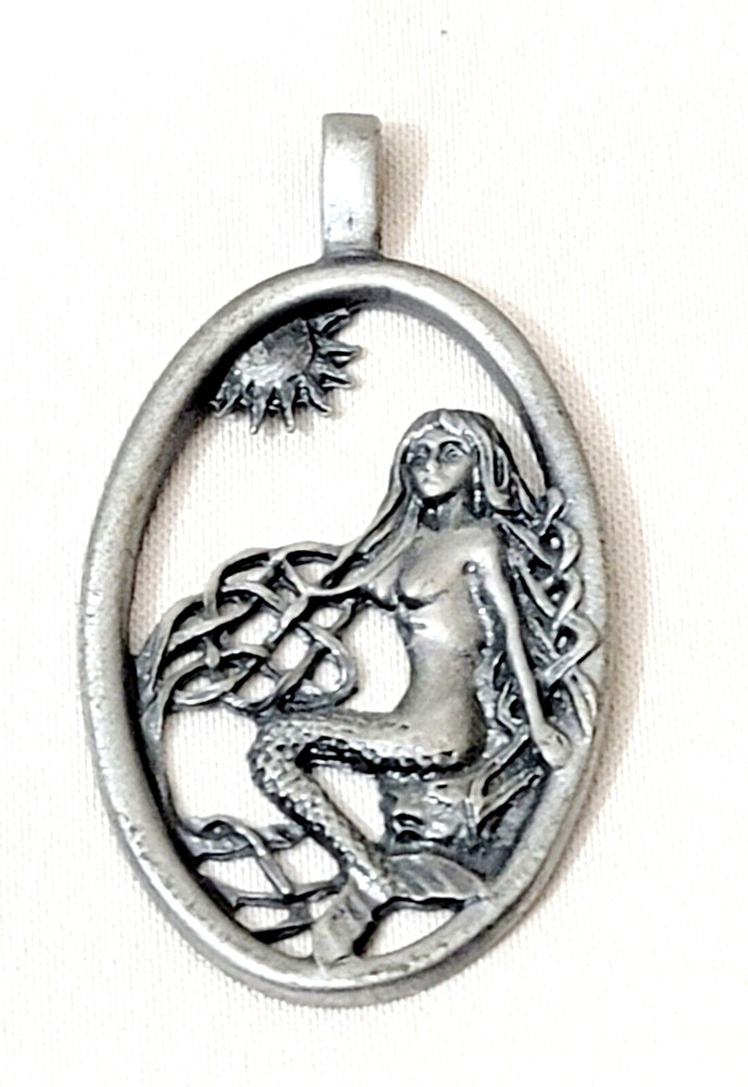 Mermaid Pewter Ladies Metal Pendant Charm Art Deco Oval 2.5 inches