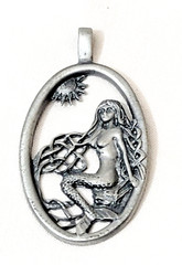 Mermaid Pewter Ladies Metal Pendant Charm Art Deco Oval 2.5 inches