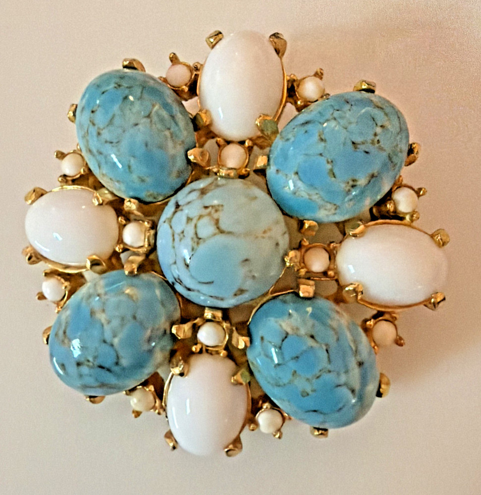 Vintage 60s-70s Jeanne Faux Turquoise White Milk Glass Cabochon Flower Brooch