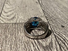 Sz 8 Cushion Cut 925 Ring Blue Topaz Color Stone Sterling Silver Filigree Signed
