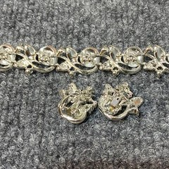 Vintage Silver Tone Necklace and Clip On Earrings White AB Iridescent Rhinestone