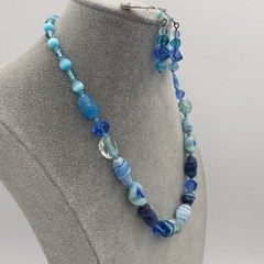Vintage Venetian Mixed Lampwork Blue Glass Beaded Necklace W/ Matching Earrings