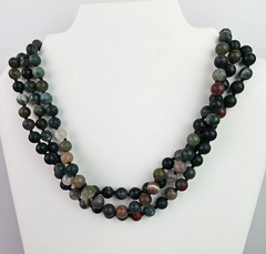 Vintage Frosted Indian Agate Necklace 56 in Matte Green Stone Beads Long Strand