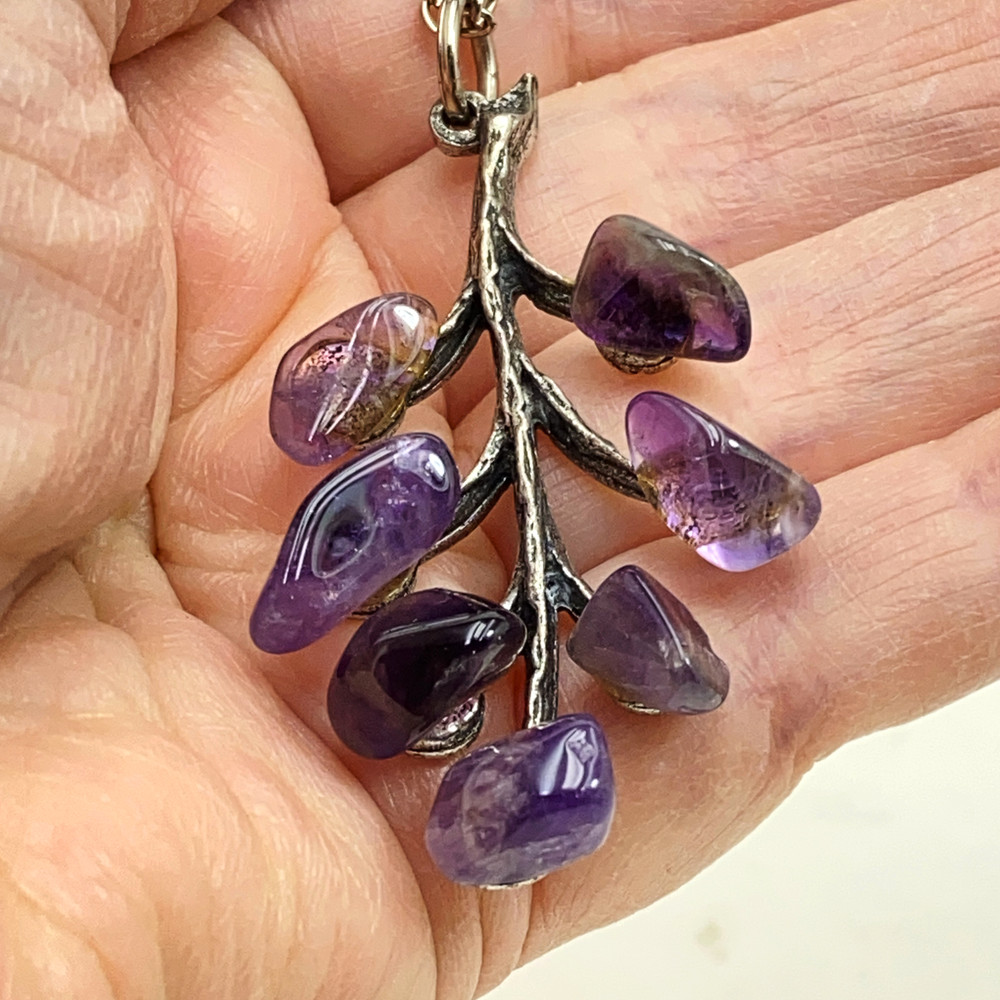 Natural Amethyst Stone Necklace Silver Tone Leaf Branch Pendant 26 In