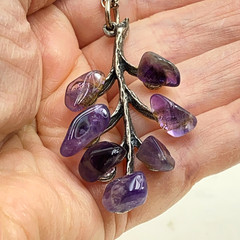 Natural Amethyst Stone Necklace Silver Tone Leaf Branch Pendant 26 In