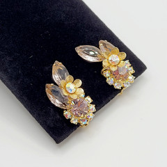 Glamorous AB Crystal Flower Floral Pale Rhinestone Climber Vtg Clip On Earrings