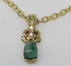 Faux Jade Green Oval Cabochon Gold Tone Pendant Chain Necklace Rhinestone Accent