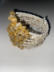 Vintage Tan Stone And White Beaded Layered Stretch Cuff Bracelet